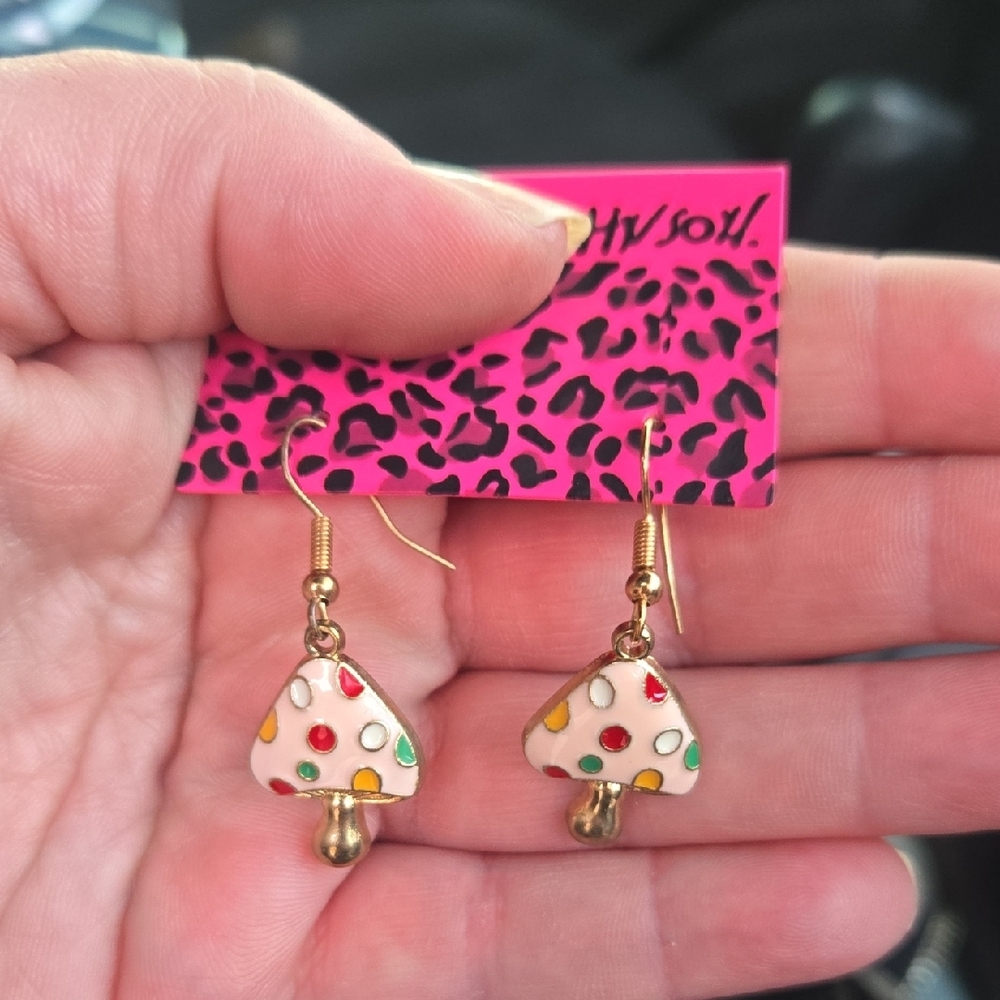 Betsey Johnson Pink and White Mushroom Earrings